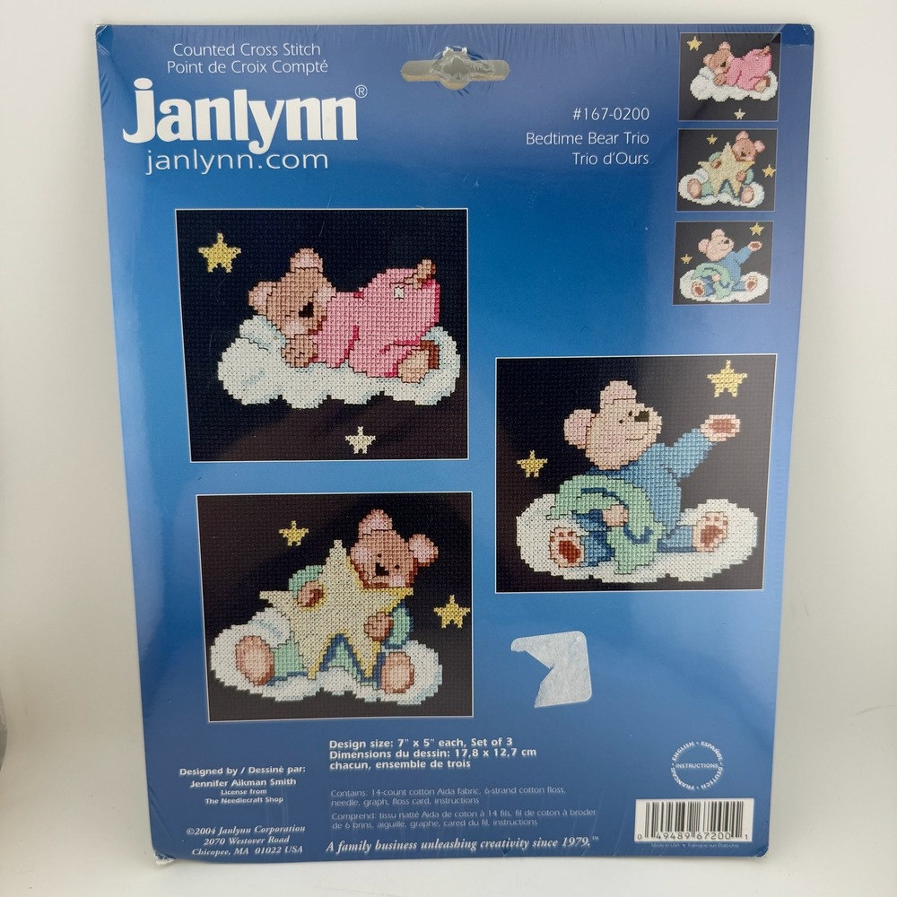 Janlynn Unisex OS Blue Bedtime Bear Trio Counted Cross Stitch Kit 167-0200